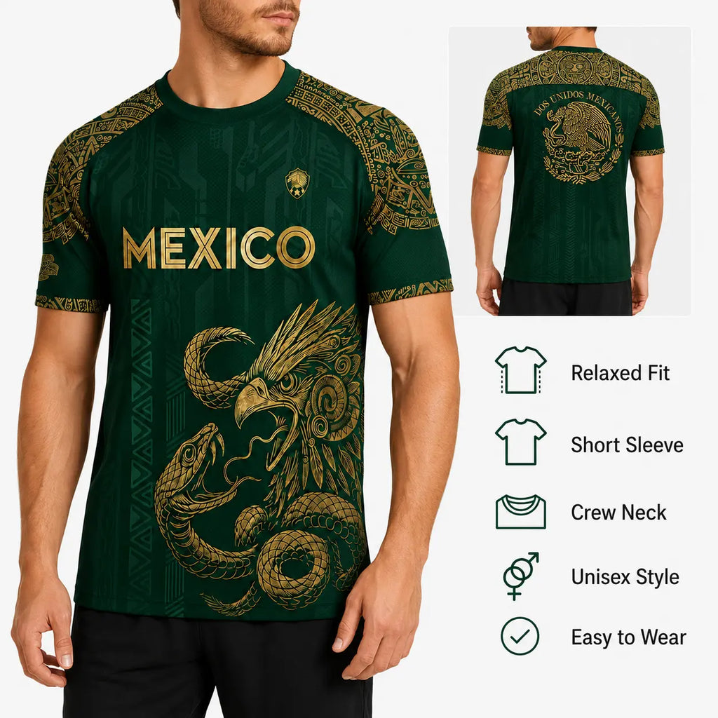 Mexico Inspired Eagle Graphic T Shirt, Green Gold Short Sleeve Crew Neck Tee for Men Women, Mexican Heritage Festival Game Day Outfit,Clothes,Outfits,Men'S Wear,Men Fashion,Summer Men Clothes,Fashion Men Clothes,4Th of July Shirts