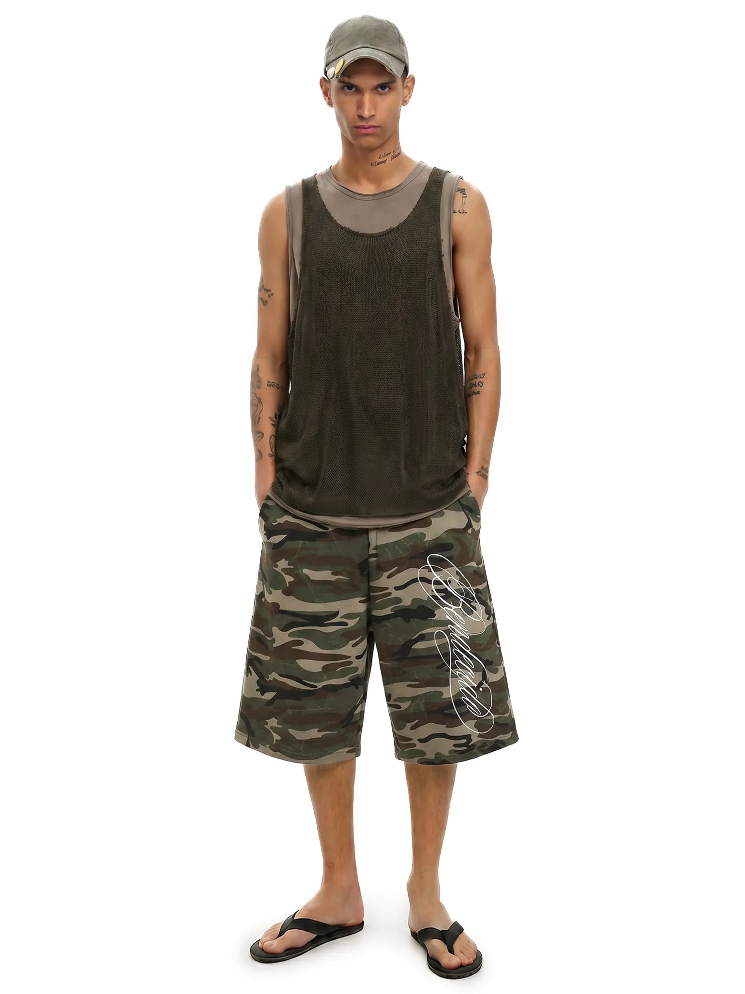 FDR Unisex Camo Print 3/4 Length Baggy Pants Handwritten Graphic Vintage Wide Leg Jort Low Waist Trousers Summer Streetwear Bottoms, Relaxed Fit for Daily Casual Wear, Sports, Travel & Easy Styling