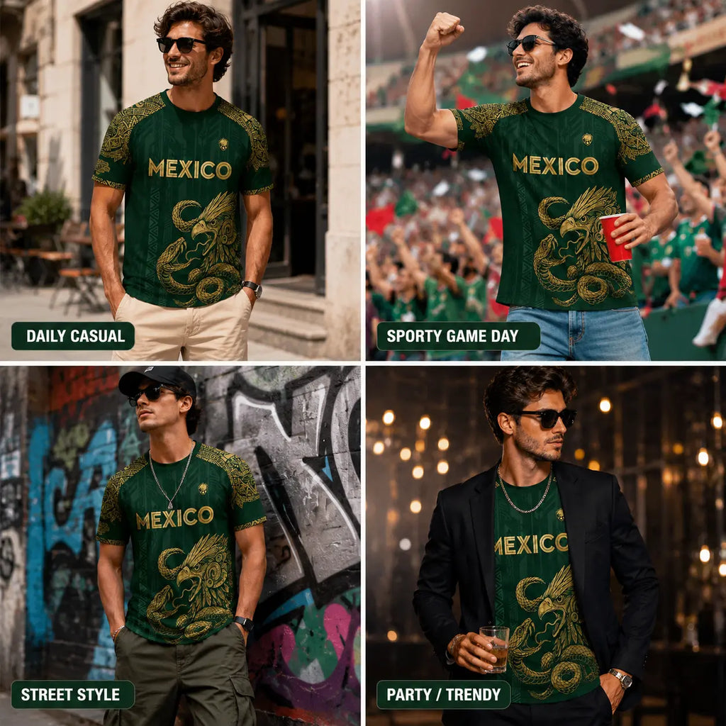 Mexico Inspired Eagle Graphic T Shirt, Green Gold Short Sleeve Crew Neck Tee for Men Women, Mexican Heritage Festival Game Day Outfit,Clothes,Outfits,Men'S Wear,Men Fashion,Summer Men Clothes,Fashion Men Clothes,4Th of July Shirts